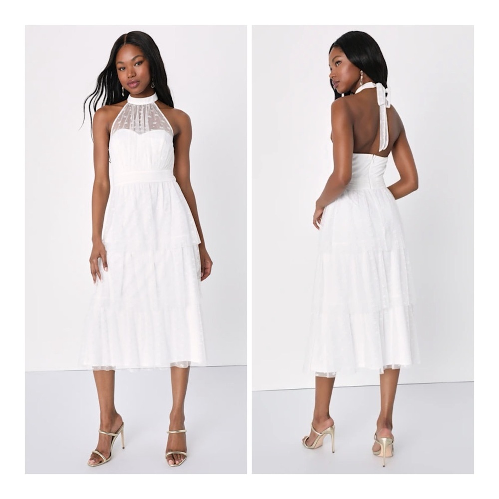 NEW Lulus Medium Positively Precious White Floral Mesh Tiered Halter Dress